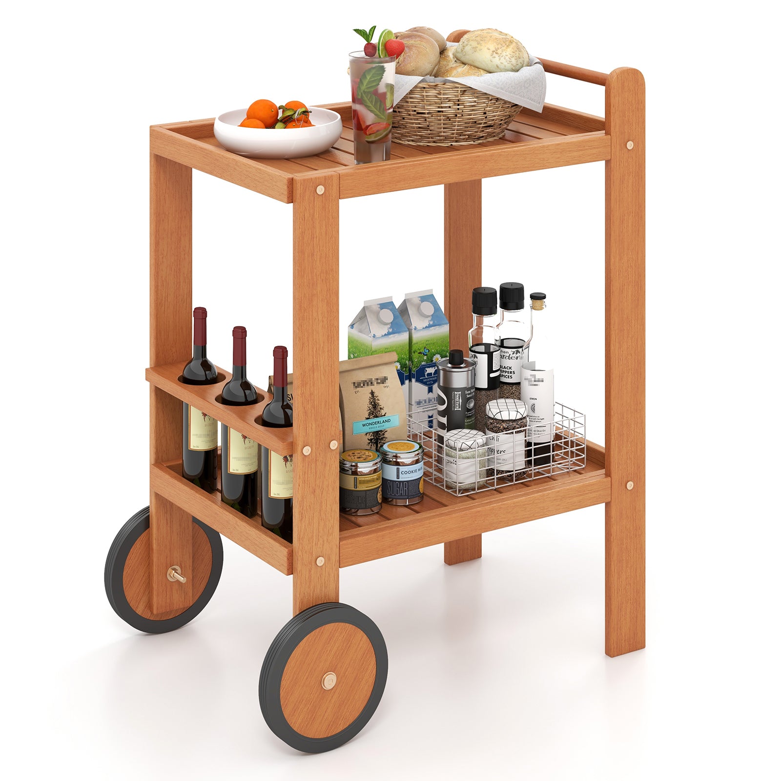 2 Tier Rolling Serving Cart with Wine Bottle Holders and 2 Rubber Wheels, Brown Kitchen Islands & Carts at Gallery Canada
