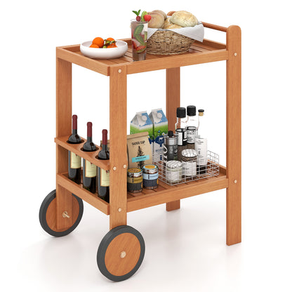 2 Tier Rolling Serving Cart with Wine Bottle Holders and 2 Rubber Wheels, Brown Kitchen Islands & Carts at Gallery Canada