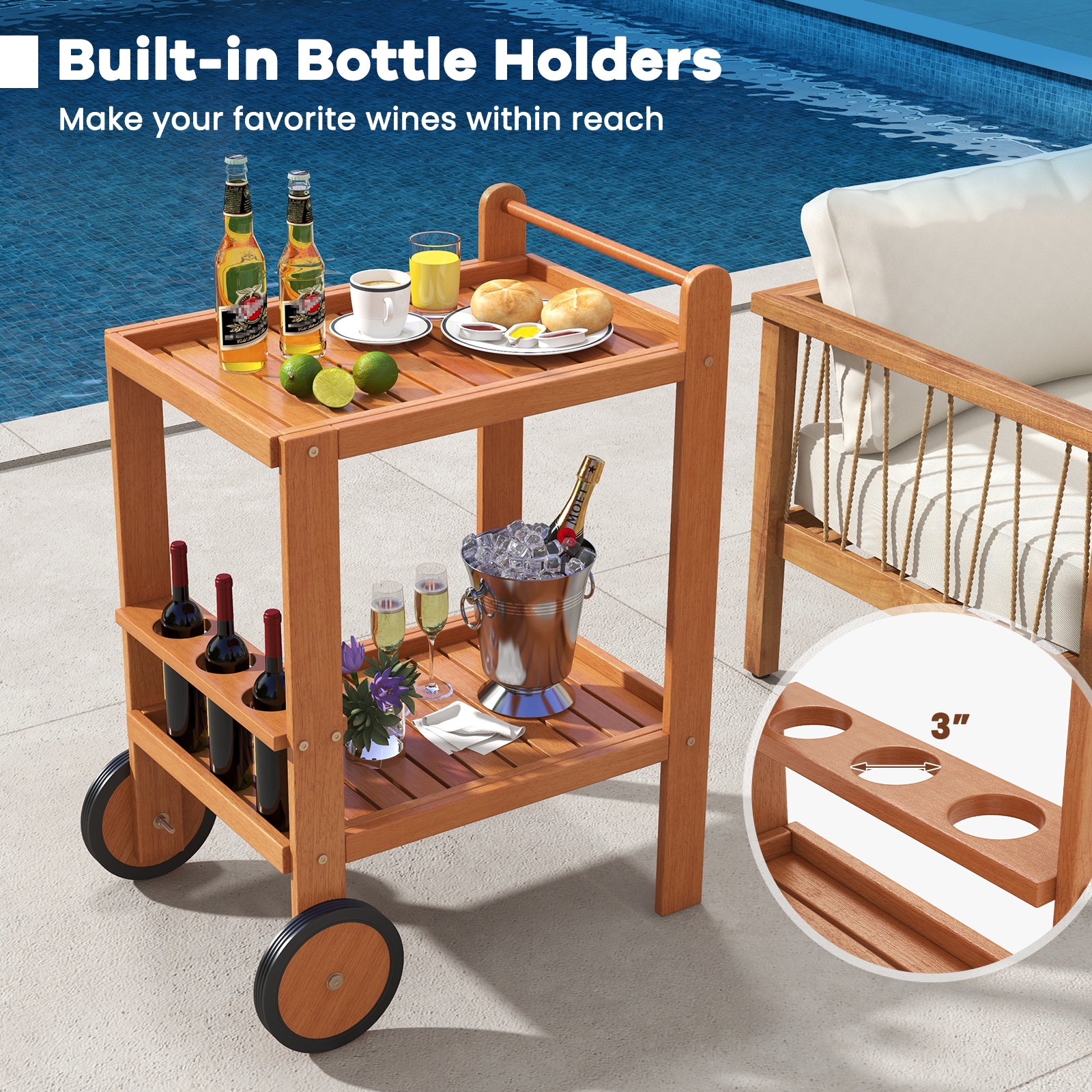 2 Tier Rolling Serving Cart with Wine Bottle Holders and 2 Rubber Wheels, Brown Kitchen Islands & Carts at Gallery Canada