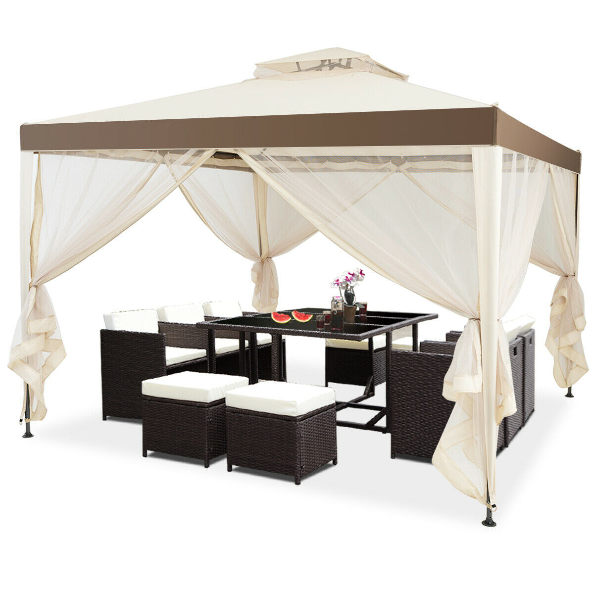Canopy Gazebo Tent Shelter Garden Lawn Patio with Mosquito Netting, Beige Gazebos at Gallery Canada
