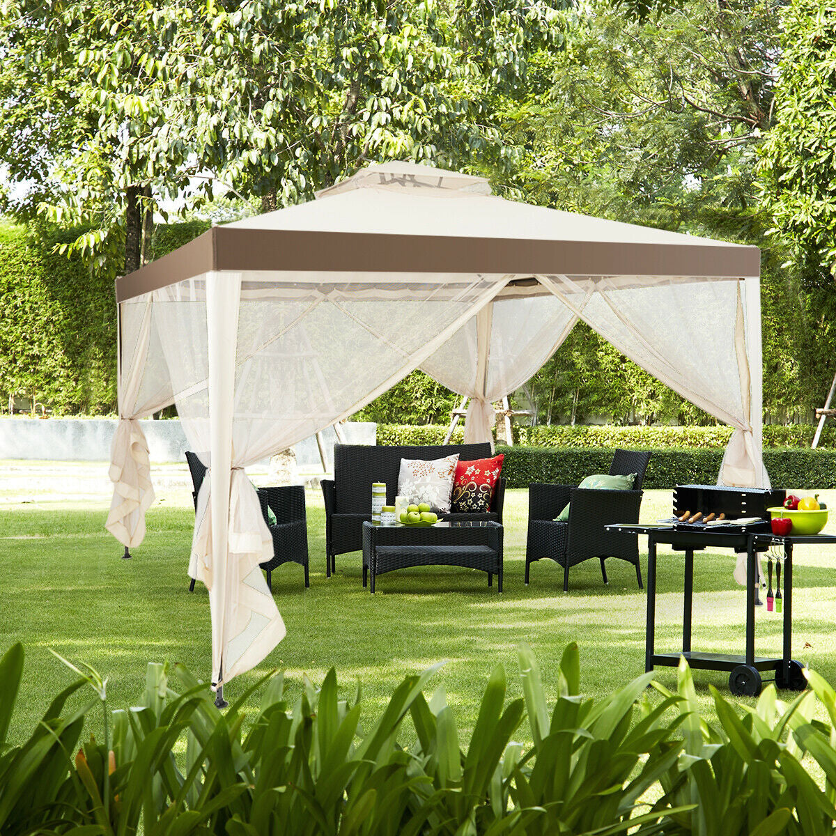 Canopy Gazebo Tent Shelter Garden Lawn Patio with Mosquito Netting, Beige Gazebos at Gallery Canada