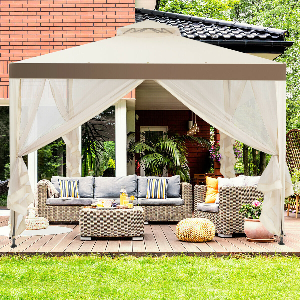 Canopy Gazebo Tent Shelter Garden Lawn Patio with Mosquito Netting, Beige Gazebos at Gallery Canada