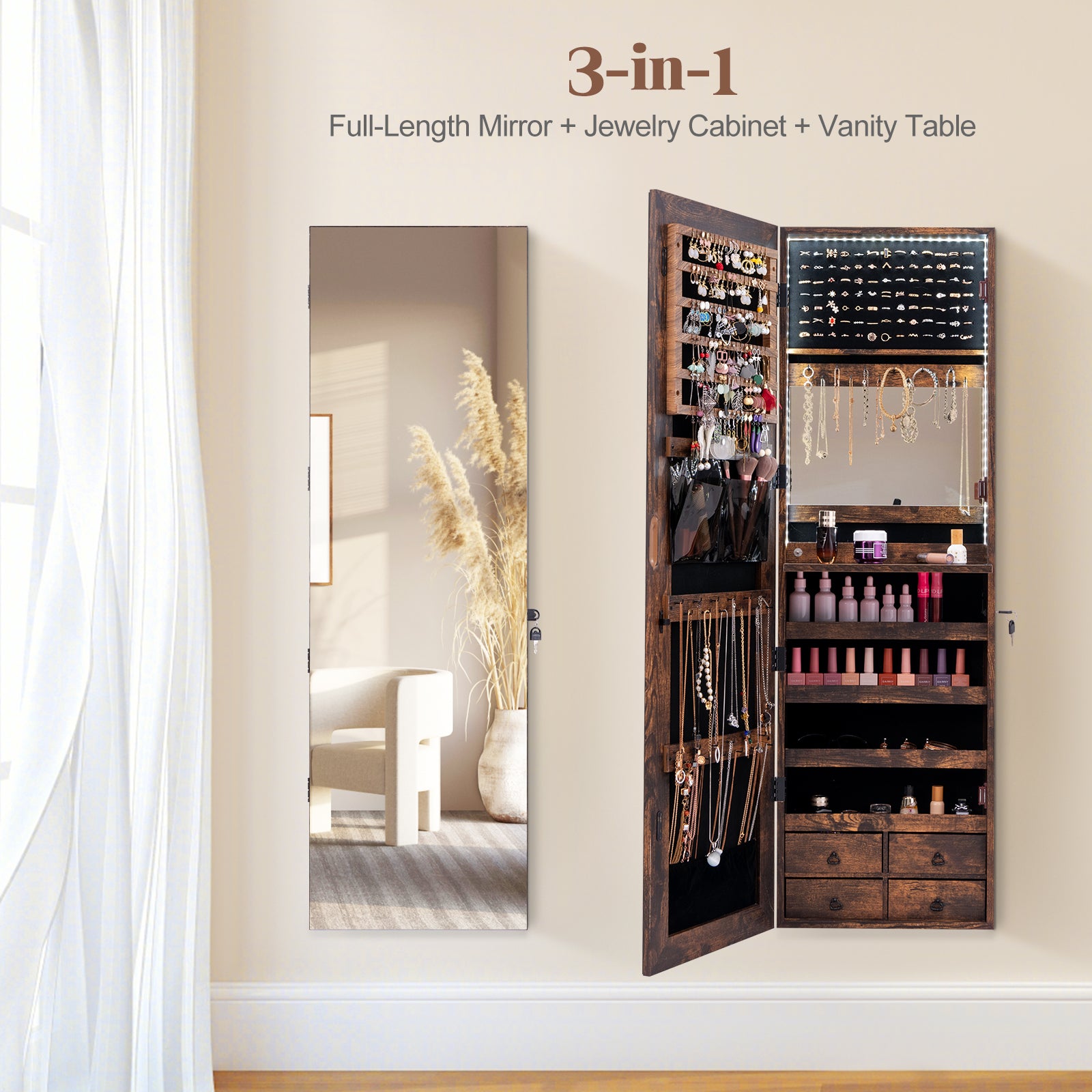 Multipurpose Storage Cabinet, 4 Drawers, Rustic Brown Jewelry Armoires at Gallery Canada