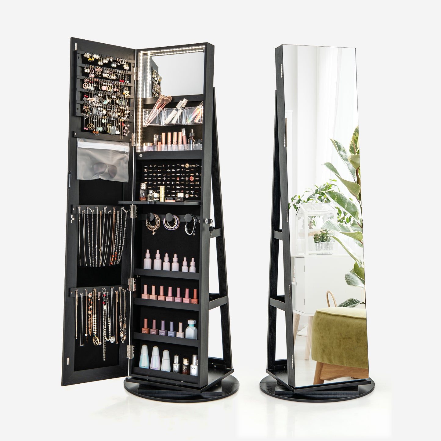 Armoire à bijoux rotative à 360°, avec LED verrouillable, noire