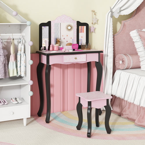 2 in 1 Princess Dressing Table Writing Desk with Cute Leopard Print 3 Makeup Accessories, Pink