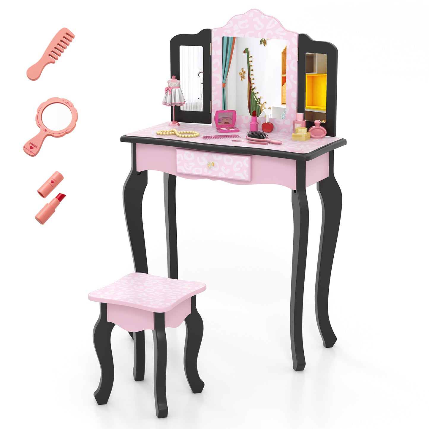 2 in 1 Princess Dressing Table Writing Desk with Cute Leopard Print 3 Makeup Accessories, Pink Kids Vanities at Gallery Canada