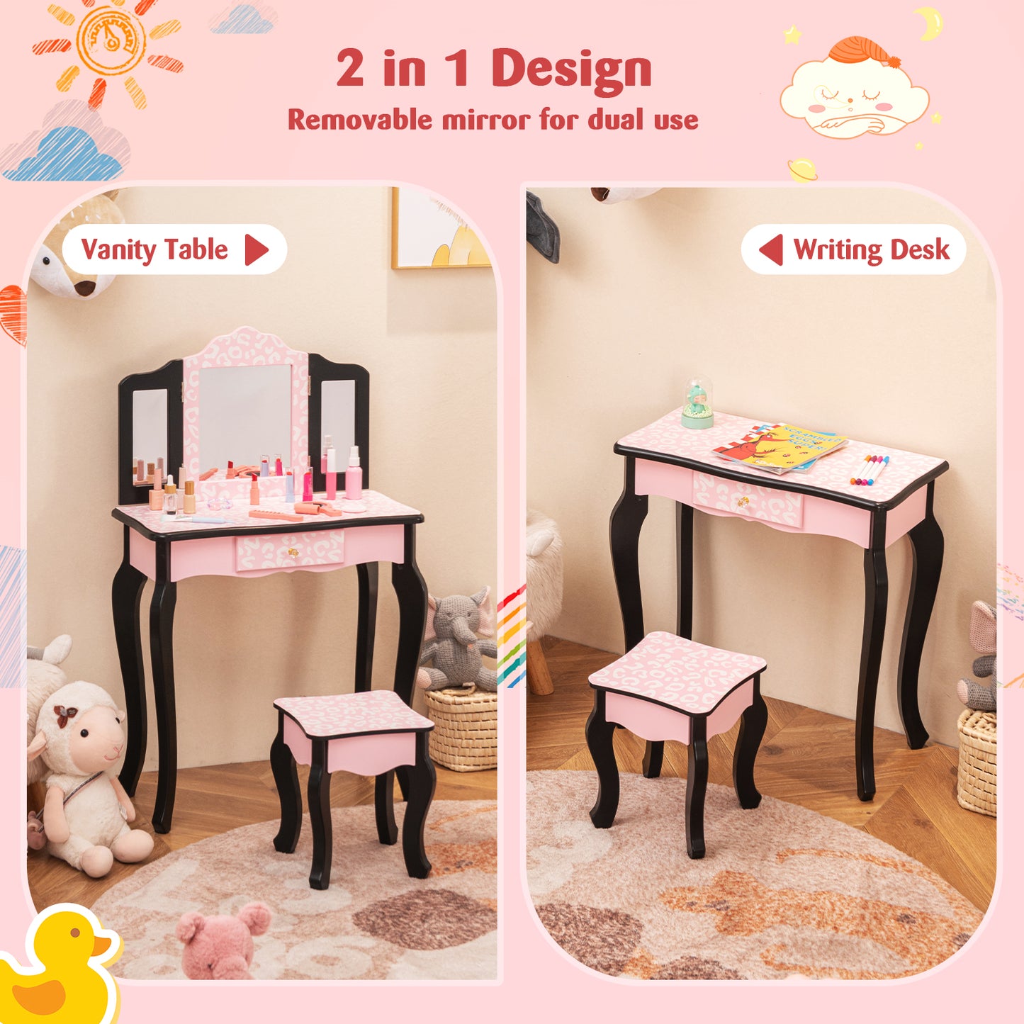2 in 1 Princess Dressing Table Writing Desk with Cute Leopard Print 3 Makeup Accessories, Pink Kids Vanities at Gallery Canada