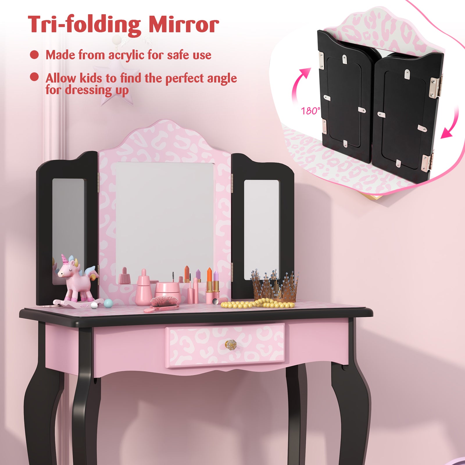 2 in 1 Princess Dressing Table Writing Desk with Cute Leopard Print 3 Makeup Accessories, Pink Kids Vanities at Gallery Canada