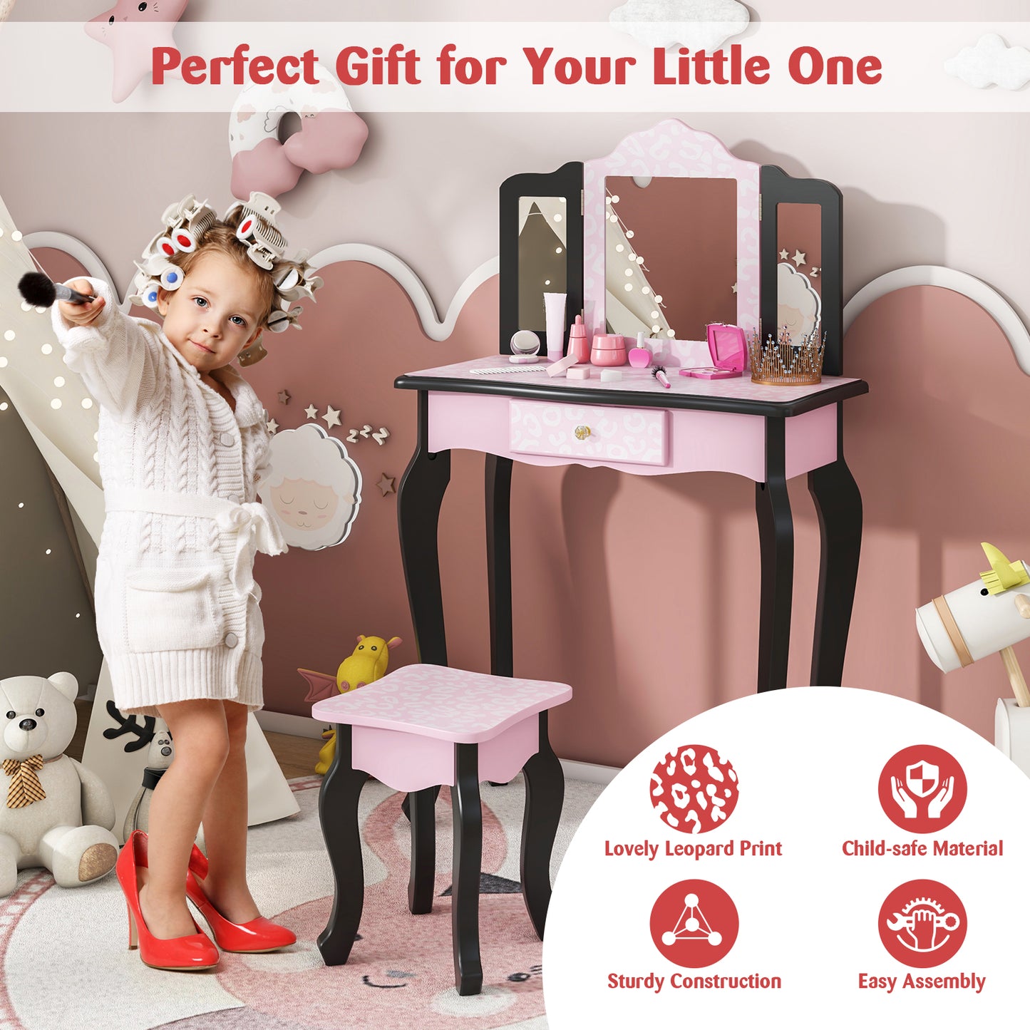 2 in 1 Princess Dressing Table Writing Desk with Cute Leopard Print 3 Makeup Accessories, Pink Kids Vanities at Gallery Canada