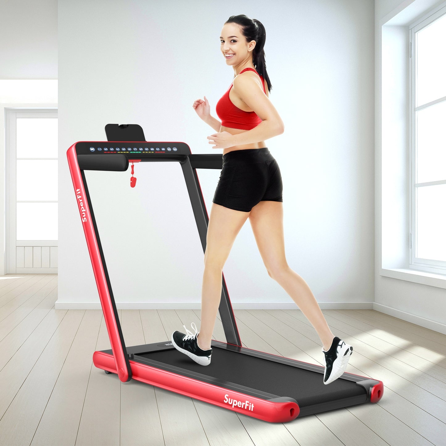 2-in-1 Electric Folding Treadmill, Dual Display, Speaker, Red