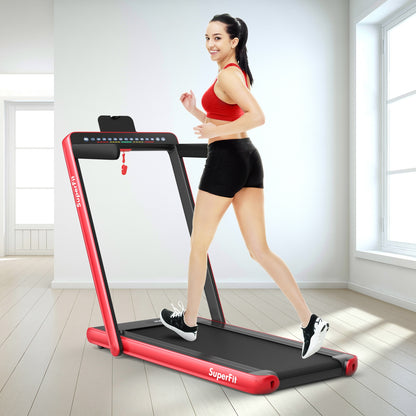 2-in-1 Electric Folding Treadmill, Dual Display, Speaker, Red