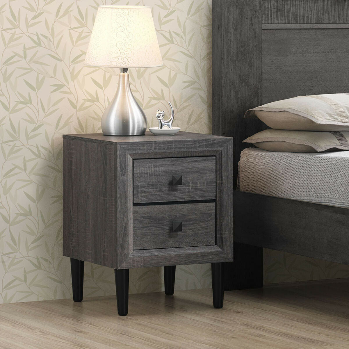 2PCS Nightstand W/2 Drawer Multipurpose, Gray Nightstands at Gallery Canada
