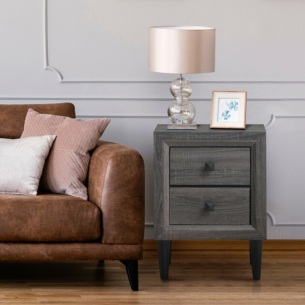 2PCS Nightstand W/2 Drawer Multipurpose, Gray Nightstands at Gallery Canada