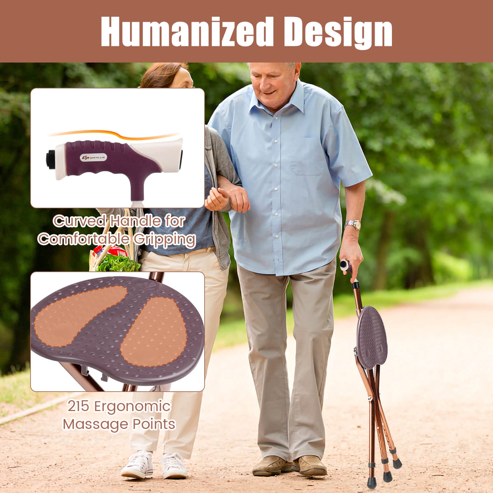 Lightweight Adjustable Folding Cane Seat with Light, Brown Walkers & Rollators at Gallery Canada