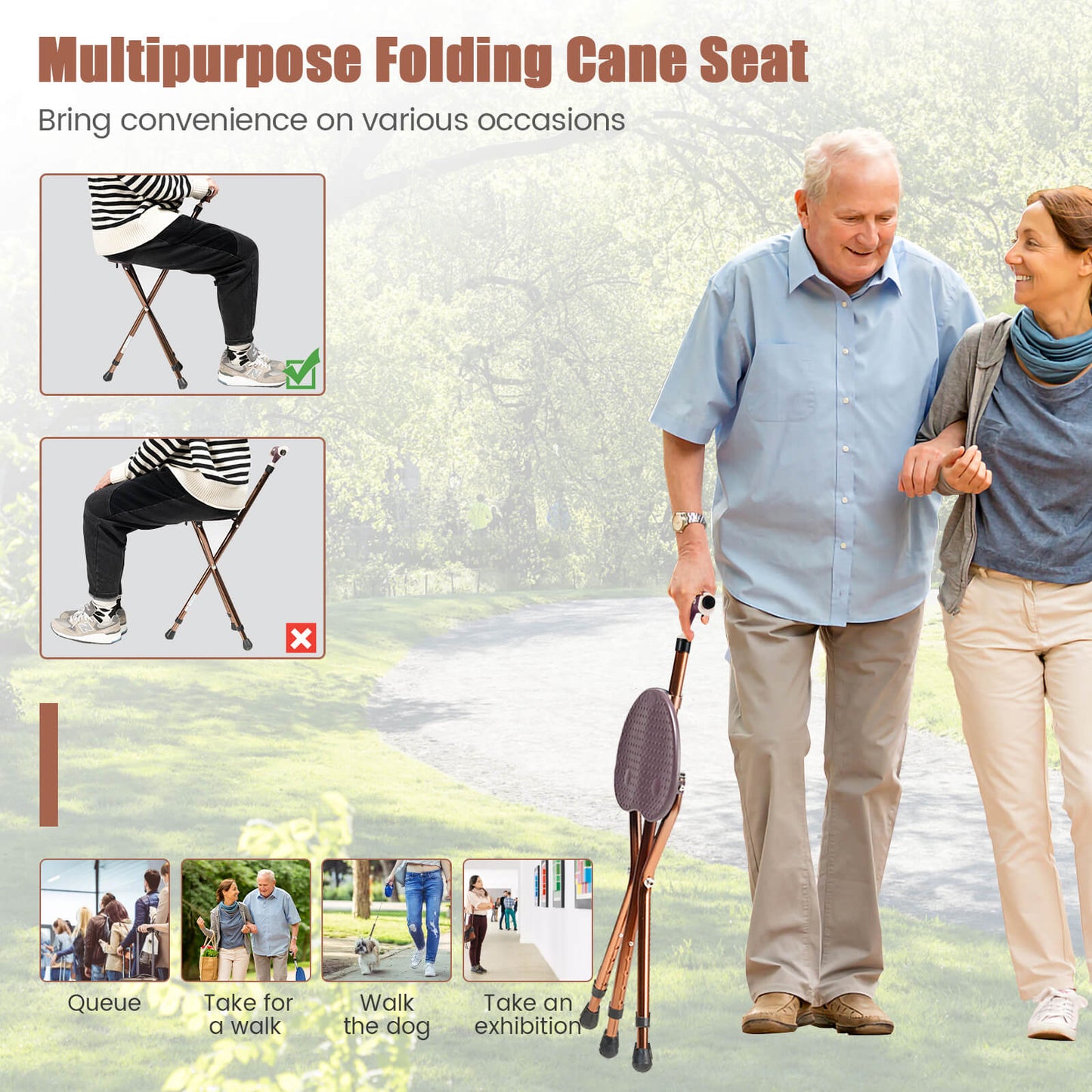 Lightweight Adjustable Folding Cane Seat with Light, Brown Walkers & Rollators at Gallery Canada
