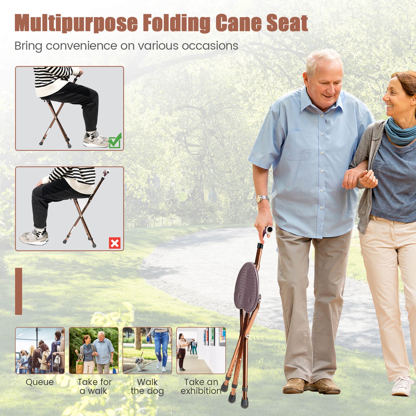 Lightweight Adjustable Folding Cane Seat with Light, Brown Walkers & Rollators at Gallery Canada