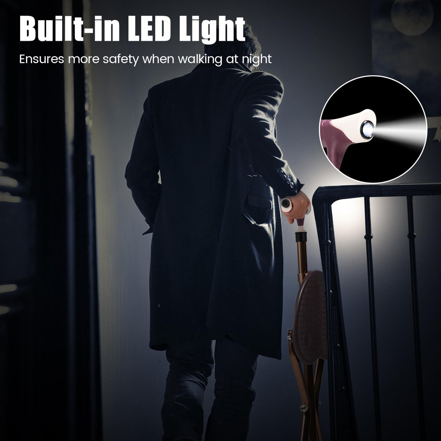 Lightweight Adjustable Folding Cane Seat with Light, Brown Walkers & Rollators at Gallery Canada