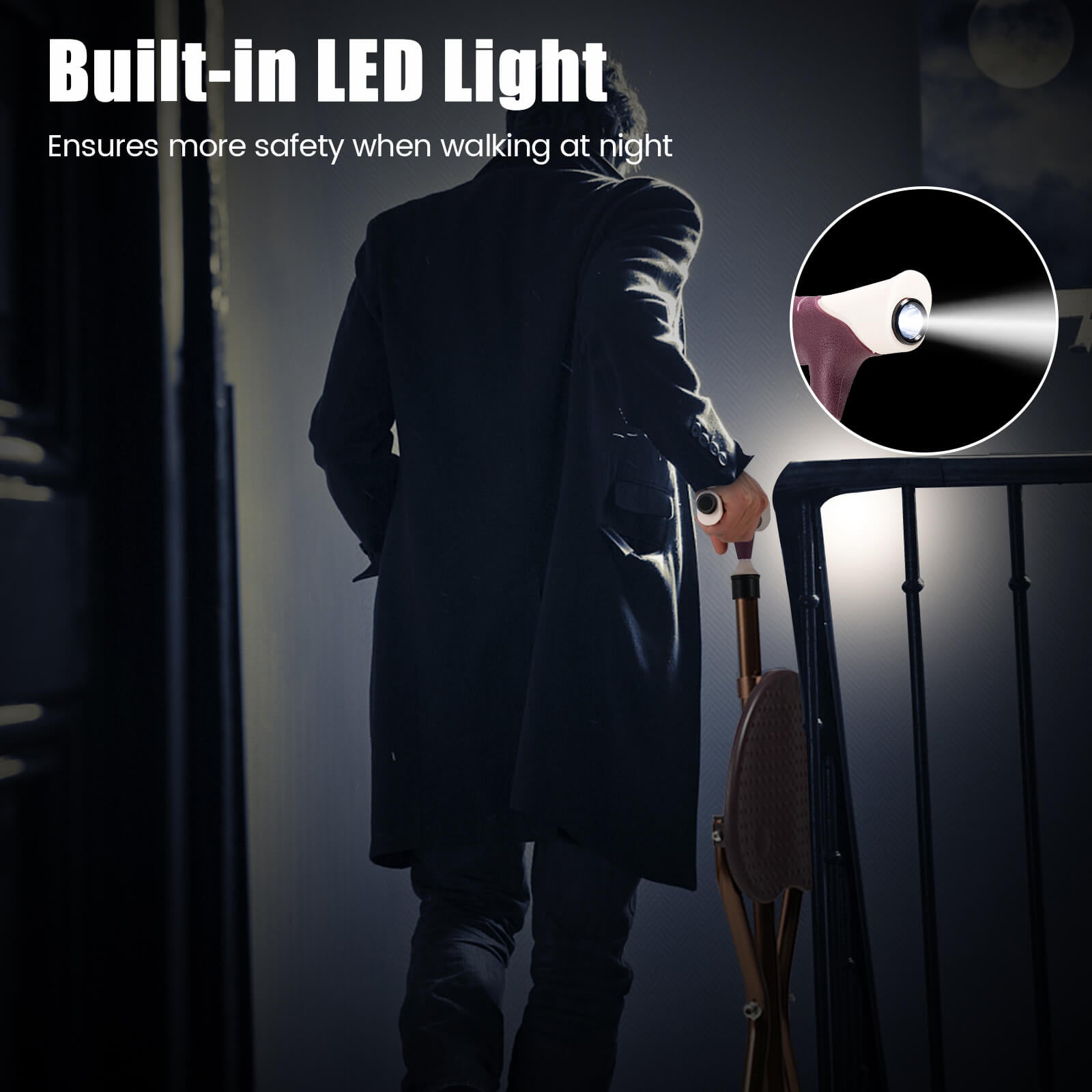 Lightweight Adjustable Folding Cane Seat with Light, Brown Walkers & Rollators at Gallery Canada