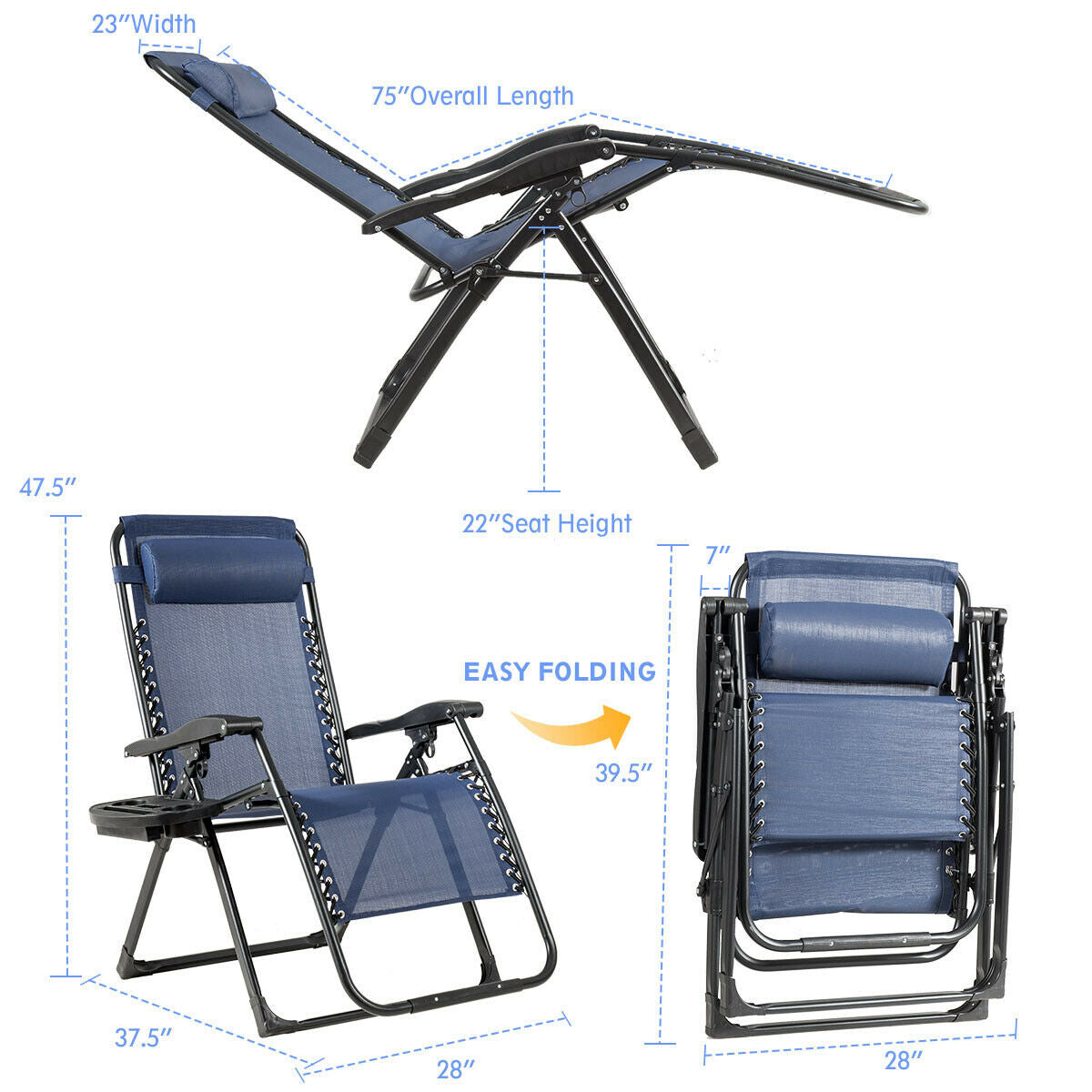 Oversize Lounge Chair with Cup Holder of Heavy Duty for outdoor, Navy Beach & Lawn Chairs at Gallery Canada