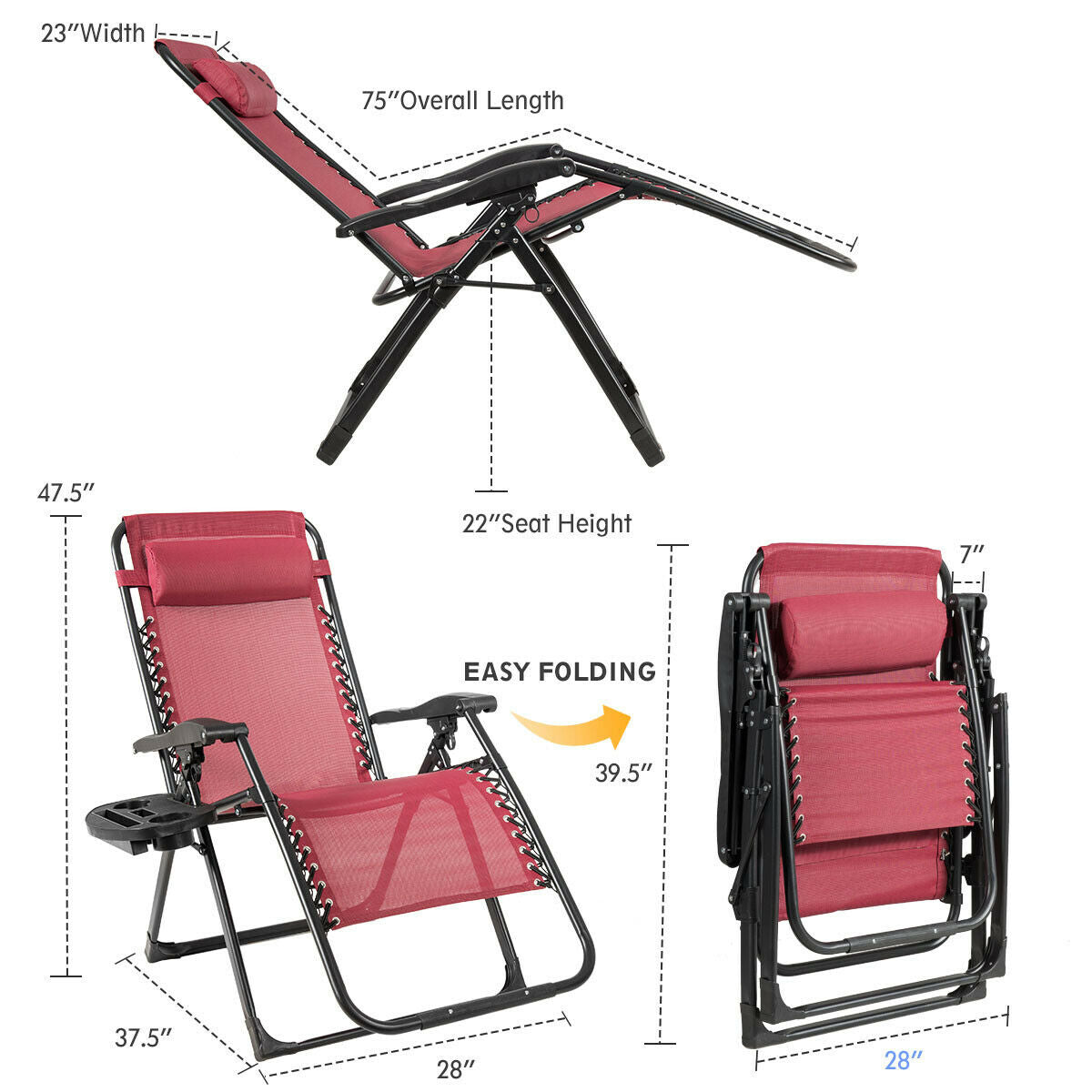 Oversize Lounge Chair Patio Heavy Duty Folding Recliner, Dark Red Beach & Lawn Chairs at Gallery Canada