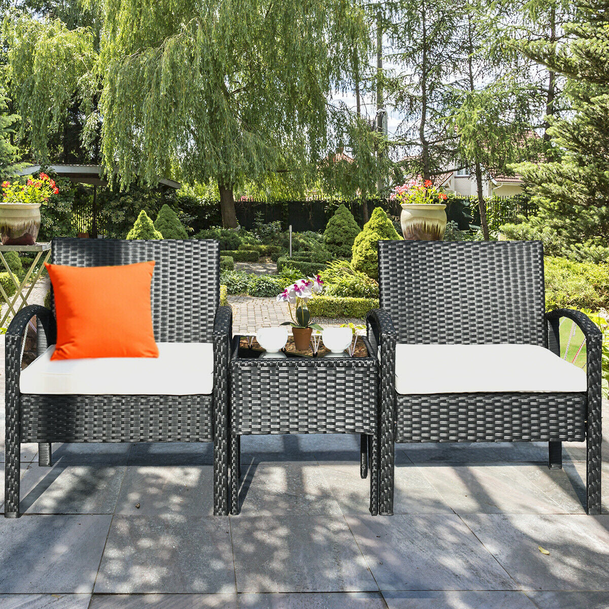 3 Piece Patio Rattan Furniture Set Sofa Cushioned Table Garden, White Patio Conversation Sets at Gallery Canada