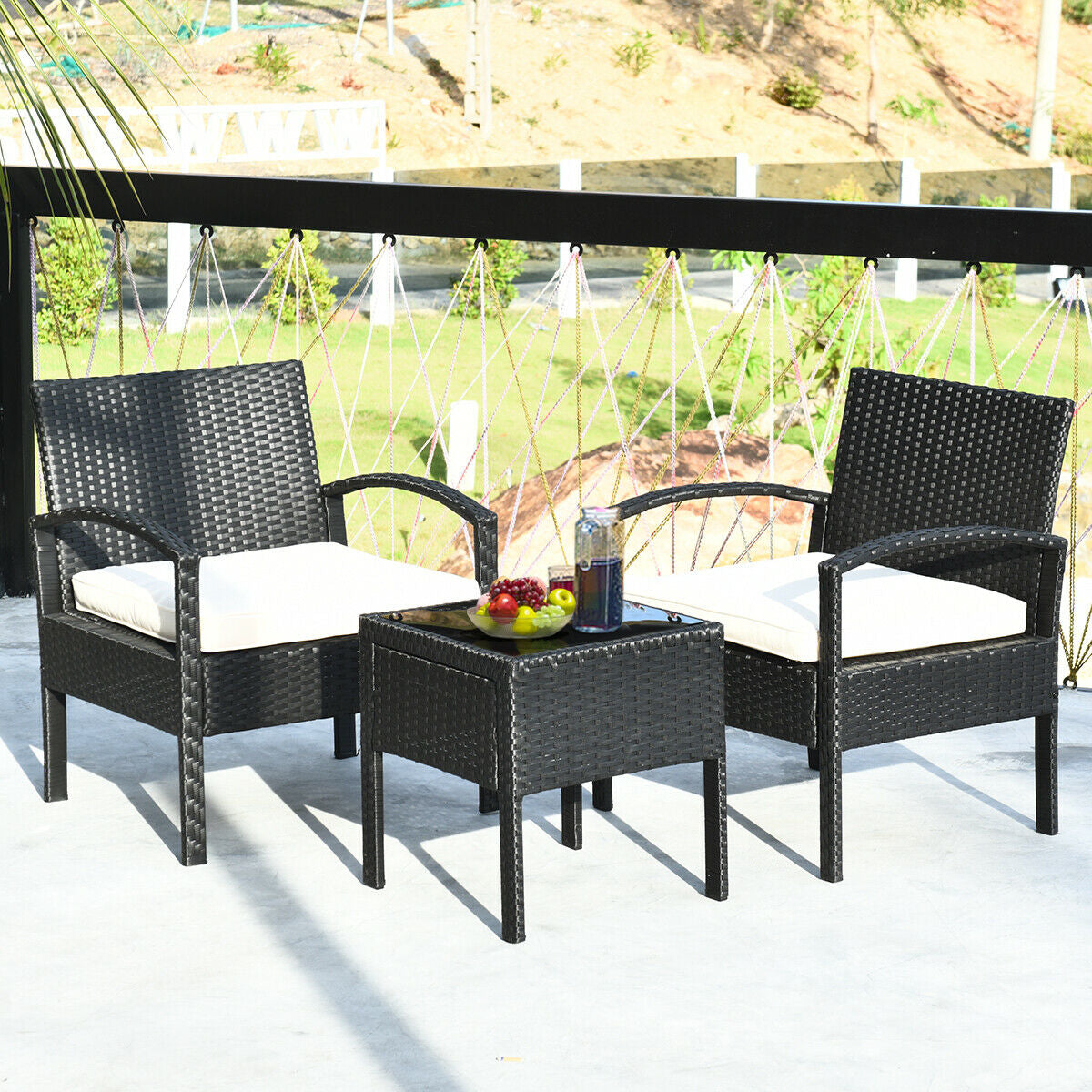3 Piece Patio Rattan Furniture Set Sofa Cushioned Table Garden, White Patio Conversation Sets at Gallery Canada