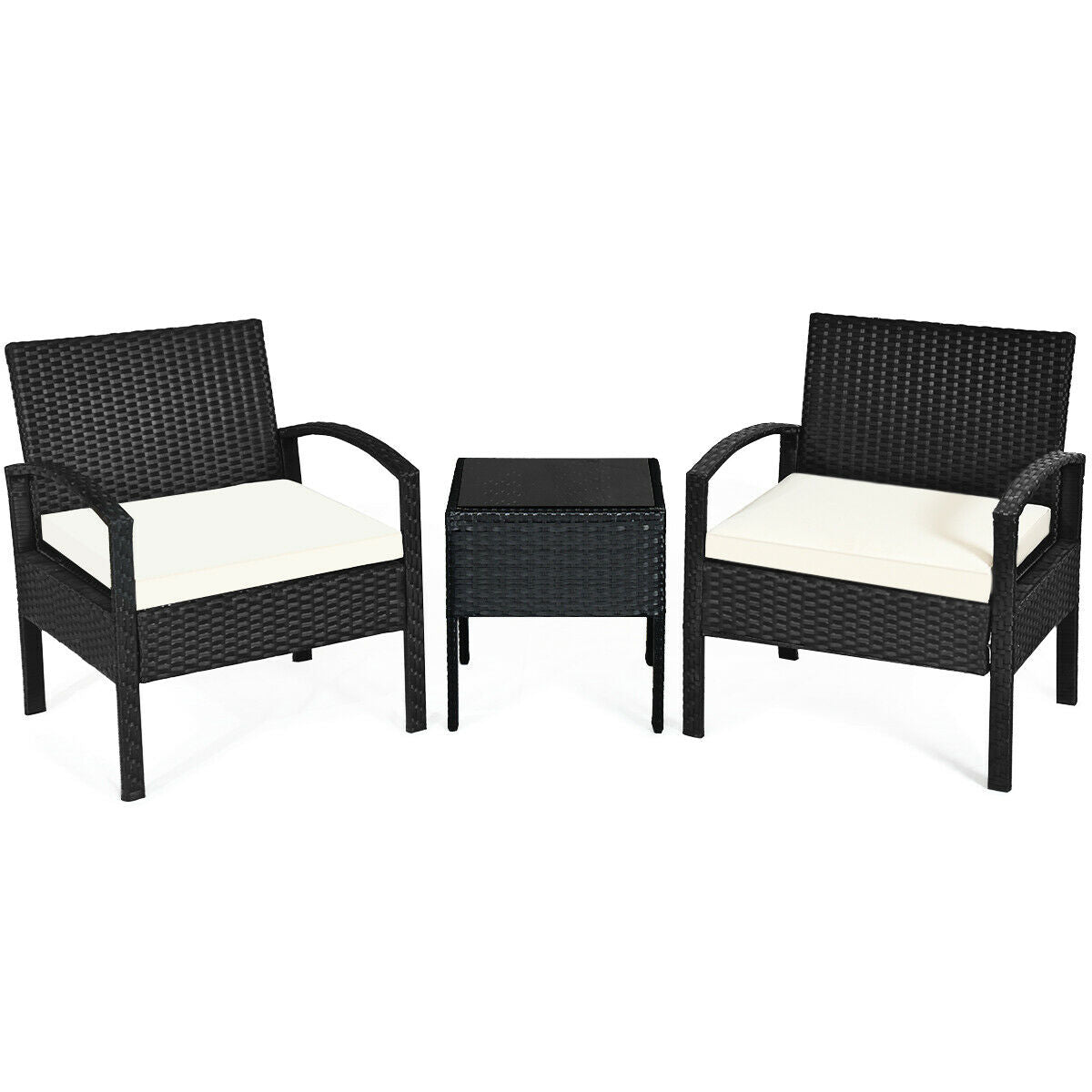 3 Piece Patio Rattan Furniture Set, Sofa Cushioned Table Garden, White