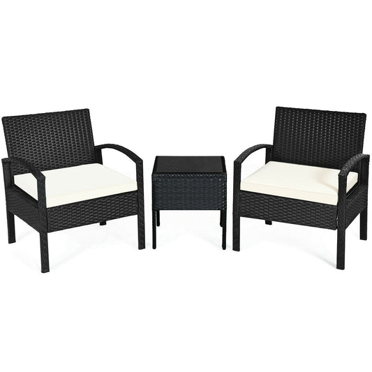 3 Piece Patio Rattan Furniture Set, Sofa Cushioned Table Garden, White