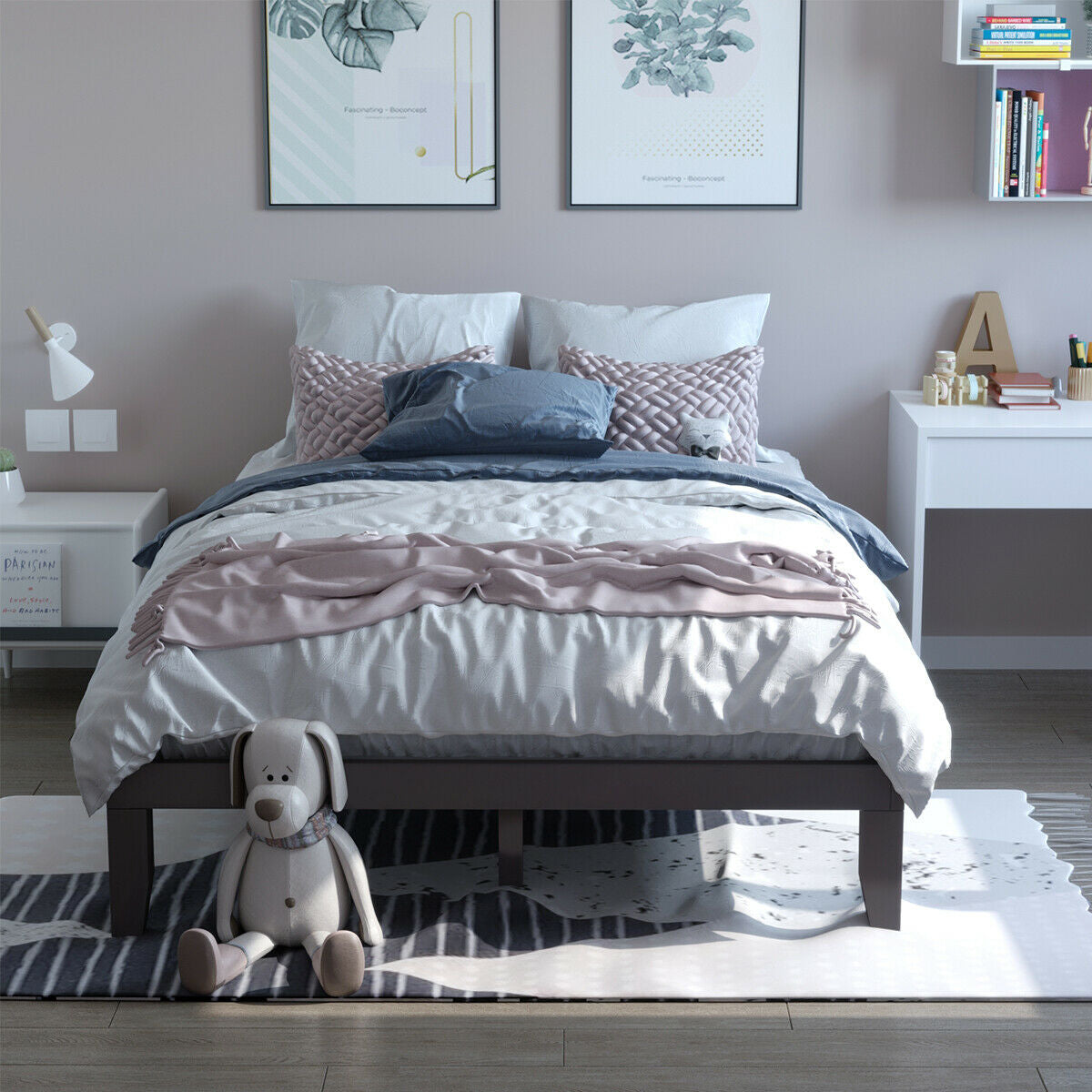 Queen Size 14 Inch Wooden Bed Mattress Frame, Brown Simple Bed Frame at Gallery Canada