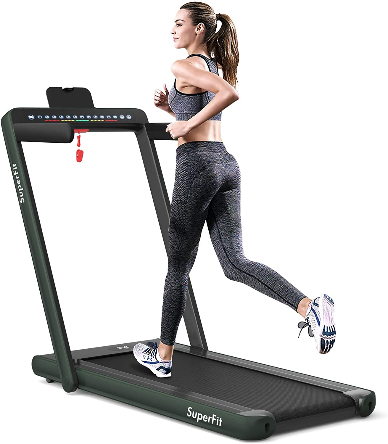2-in-1 Electric Motorized Health and Fitness Folding Treadmill with Dual Display and Speaker, Green Treadmills at Gallery Canada