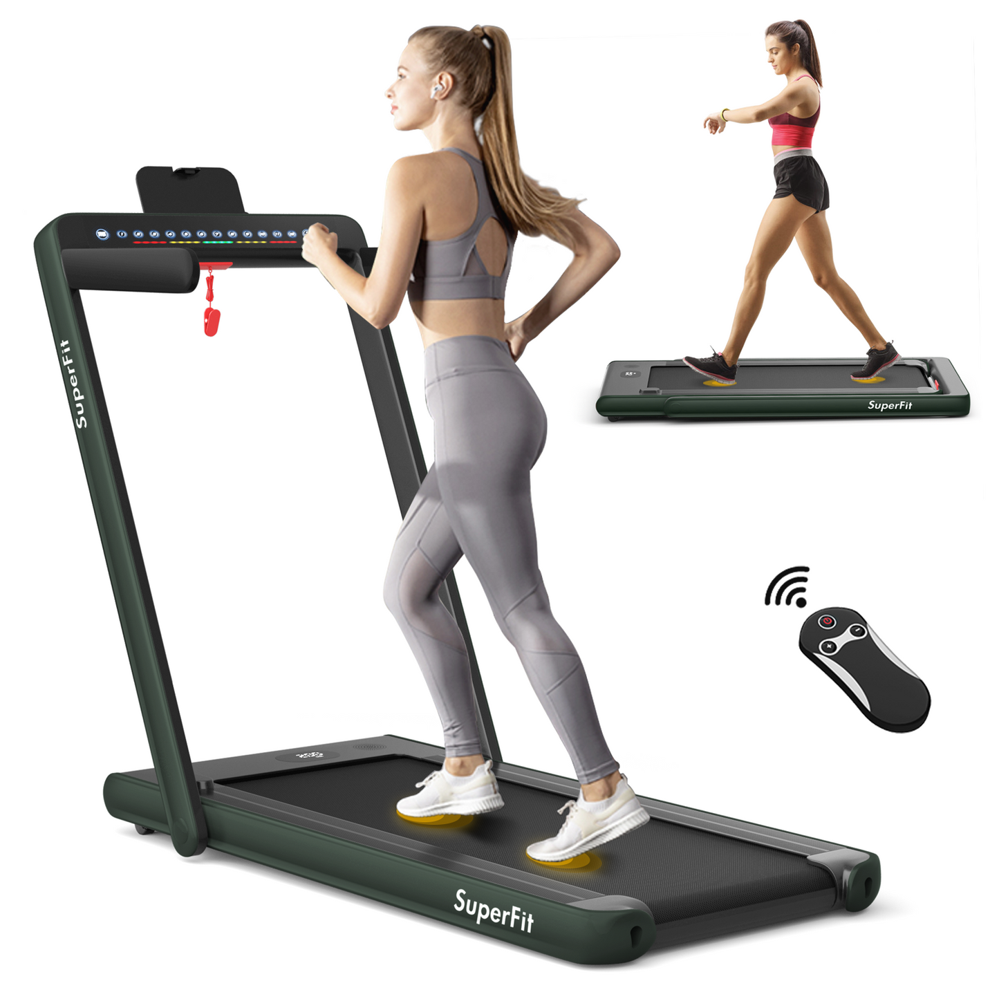 2-in-1 Electric Motorized Health and Fitness Folding Treadmill with Dual Display and Speaker, Green Treadmills at Gallery Canada