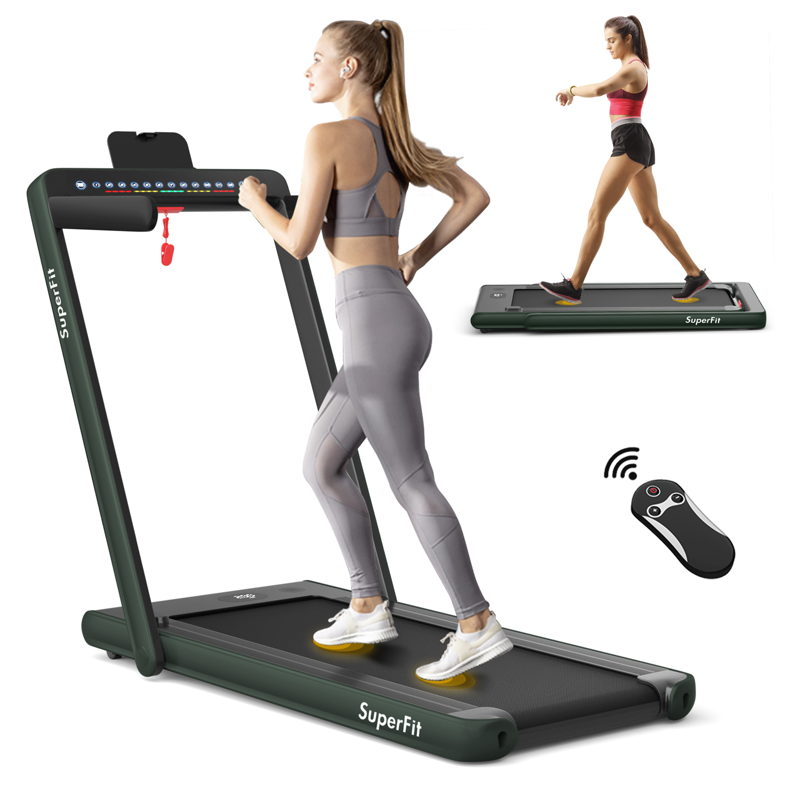 2-in-1 Electric Motorized Health and Fitness Folding Treadmill with Dual Display and Speaker, Green Treadmills at Gallery Canada