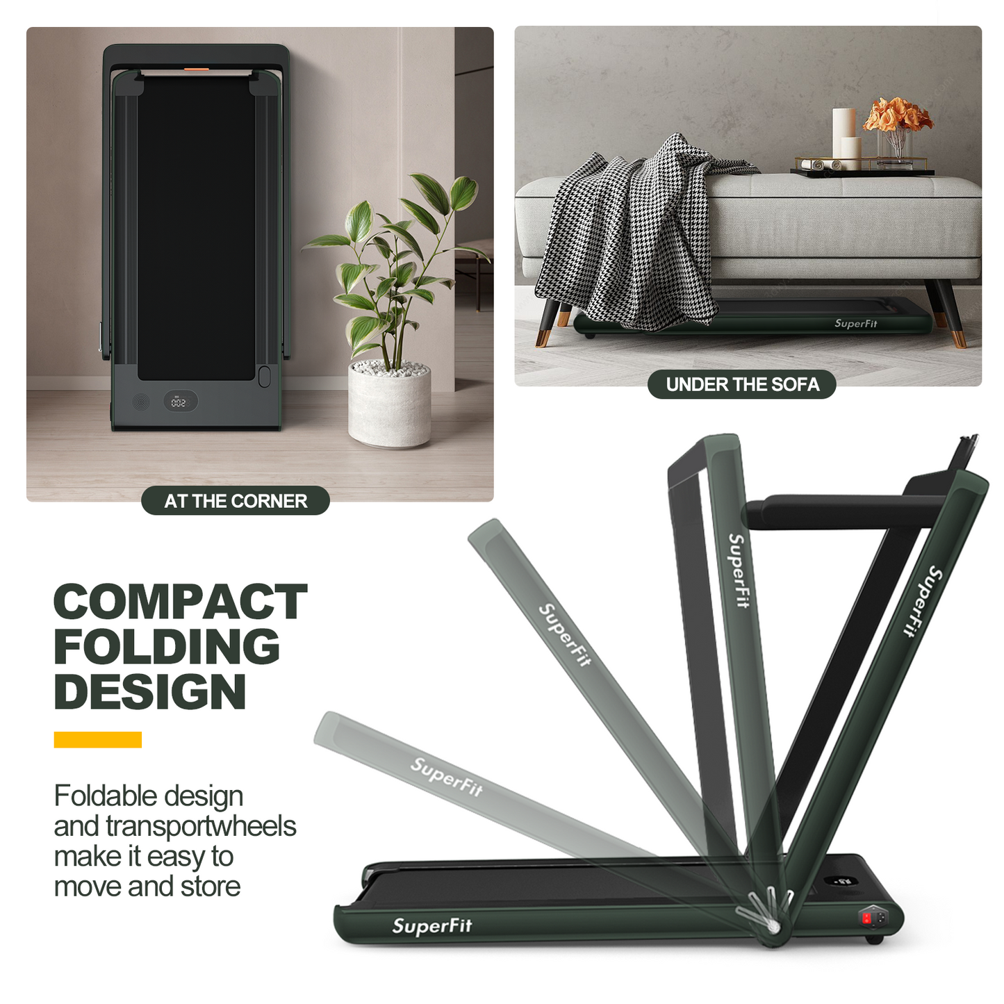 2-in-1 Electric Motorized Health and Fitness Folding Treadmill with Dual Display and Speaker, Green Treadmills at Gallery Canada