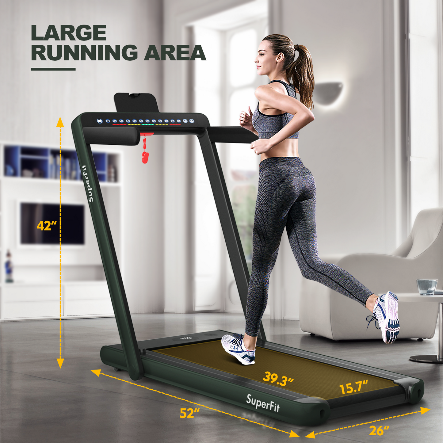 2-in-1 Electric Motorized Health and Fitness Folding Treadmill with Dual Display and Speaker, Green Treadmills at Gallery Canada