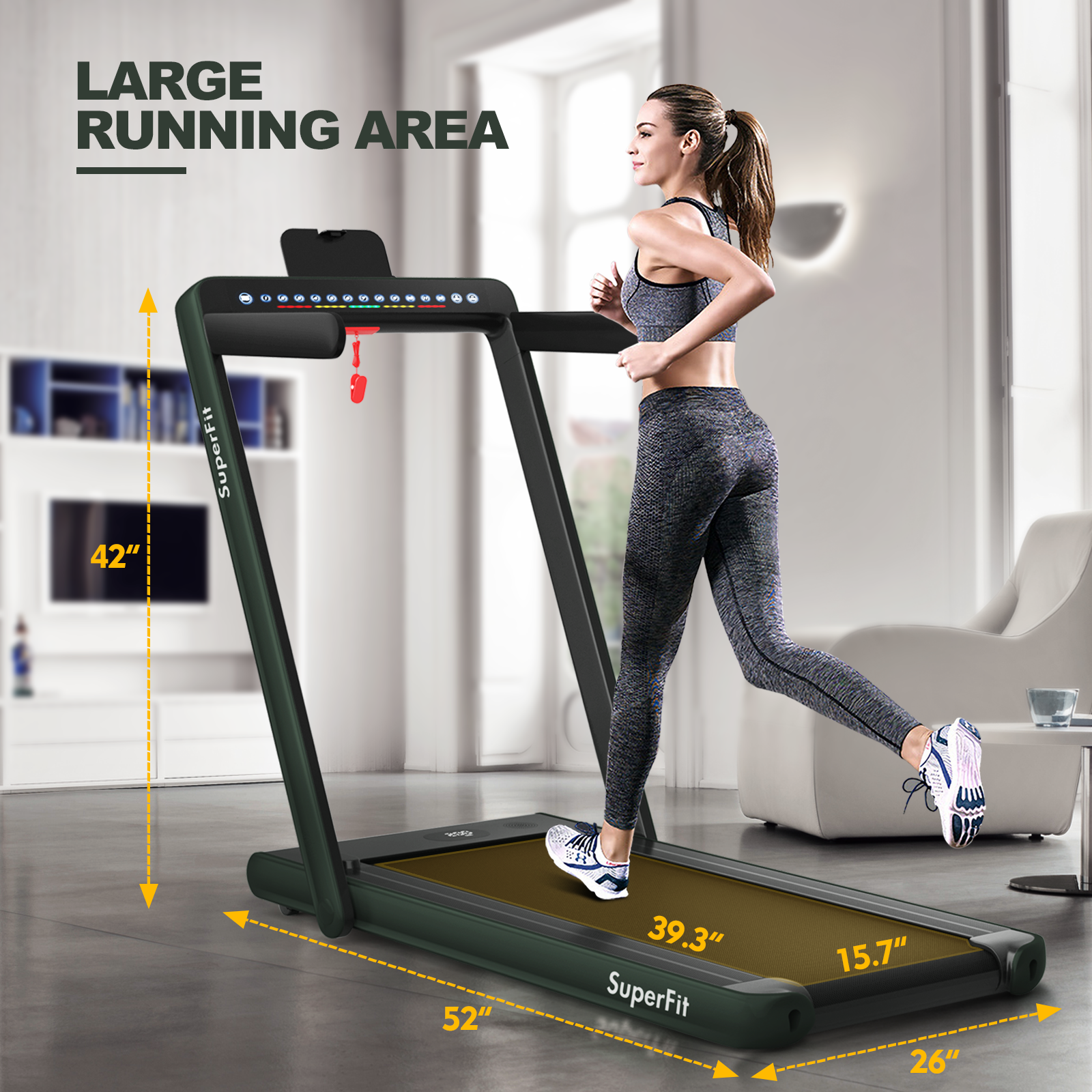 2-in-1 Electric Motorized Health and Fitness Folding Treadmill with Dual Display and Speaker, Green Treadmills at Gallery Canada
