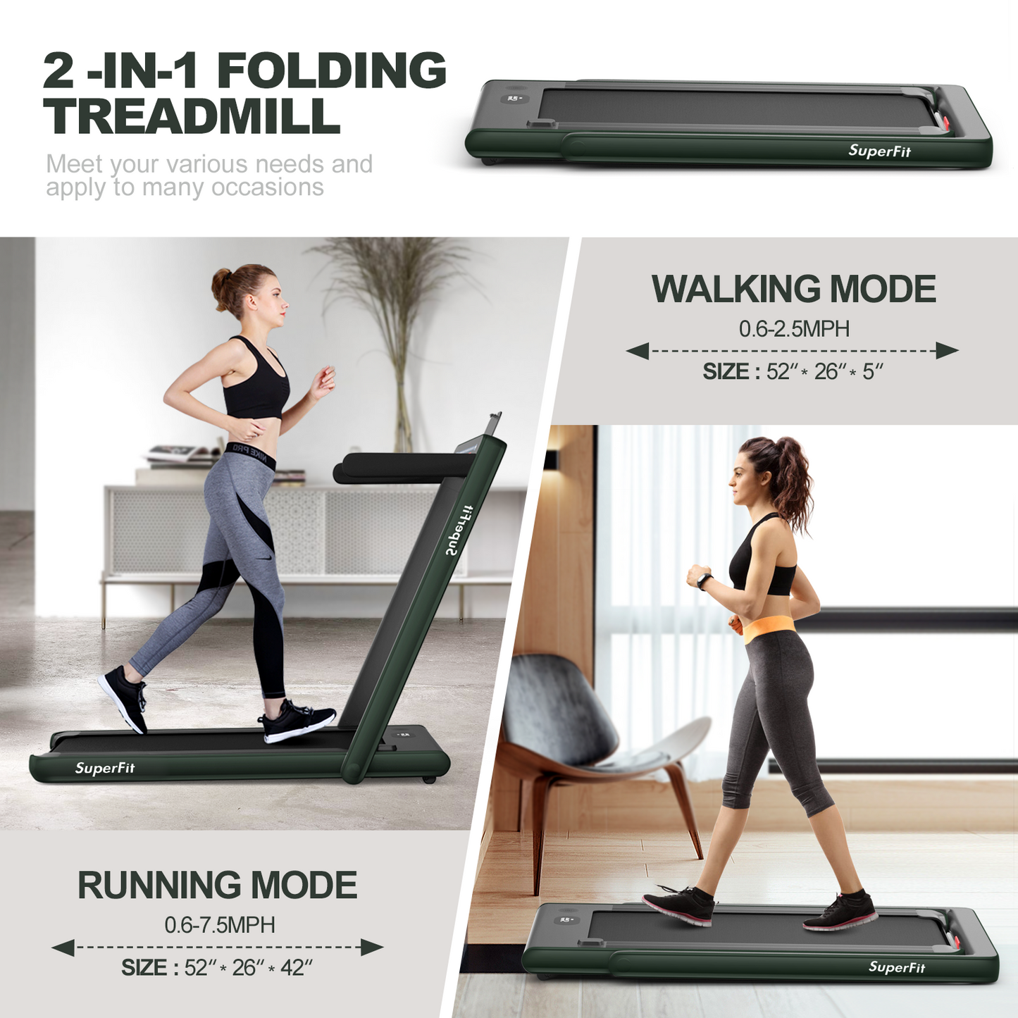 2-in-1 Electric Motorized Health and Fitness Folding Treadmill with Dual Display and Speaker, Green Treadmills at Gallery Canada