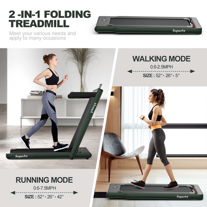 2-in-1 Electric Motorized Health and Fitness Folding Treadmill with Dual Display and Speaker, Green Treadmills at Gallery Canada