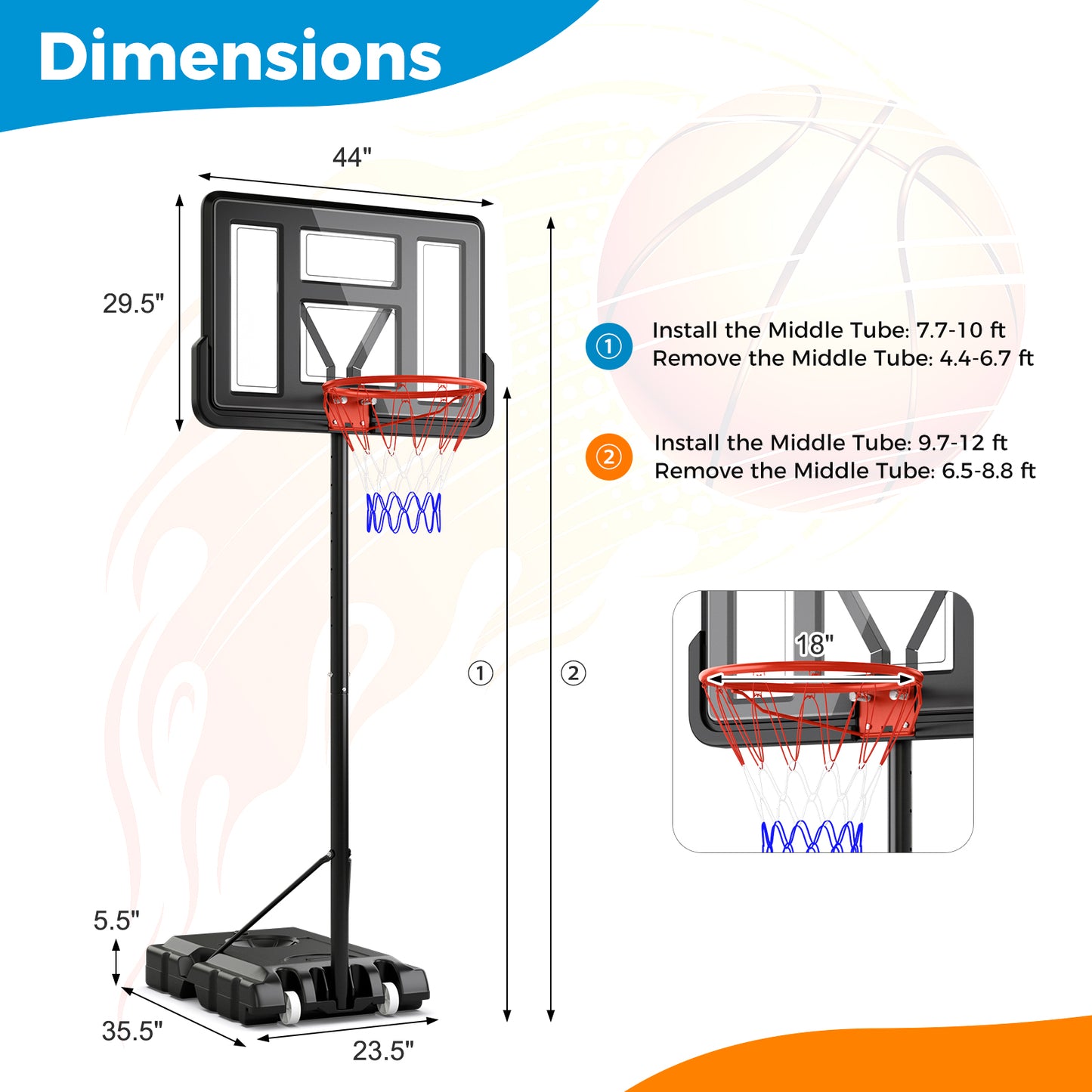 4.4-10 Feet Portable Basketball Hoop Adjustable with 2 Wheels and Fillable Base, Black Sport Equipments at Gallery Canada