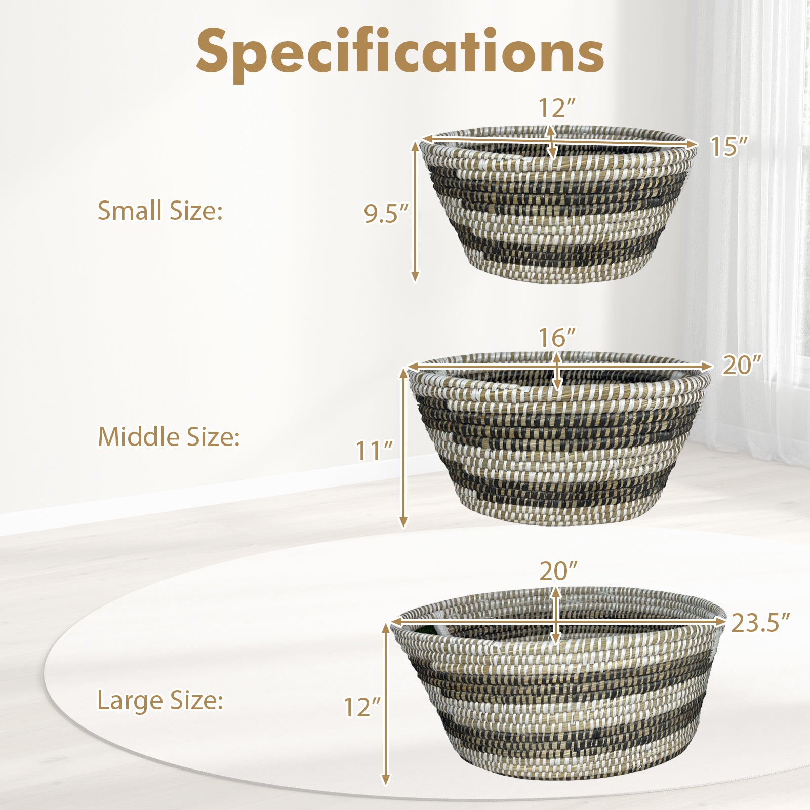 Natural Canes Grass Baskets Stackable Storage Bins Set of 3 with Hollowed Handles Laundry Baskets at Gallery Canada