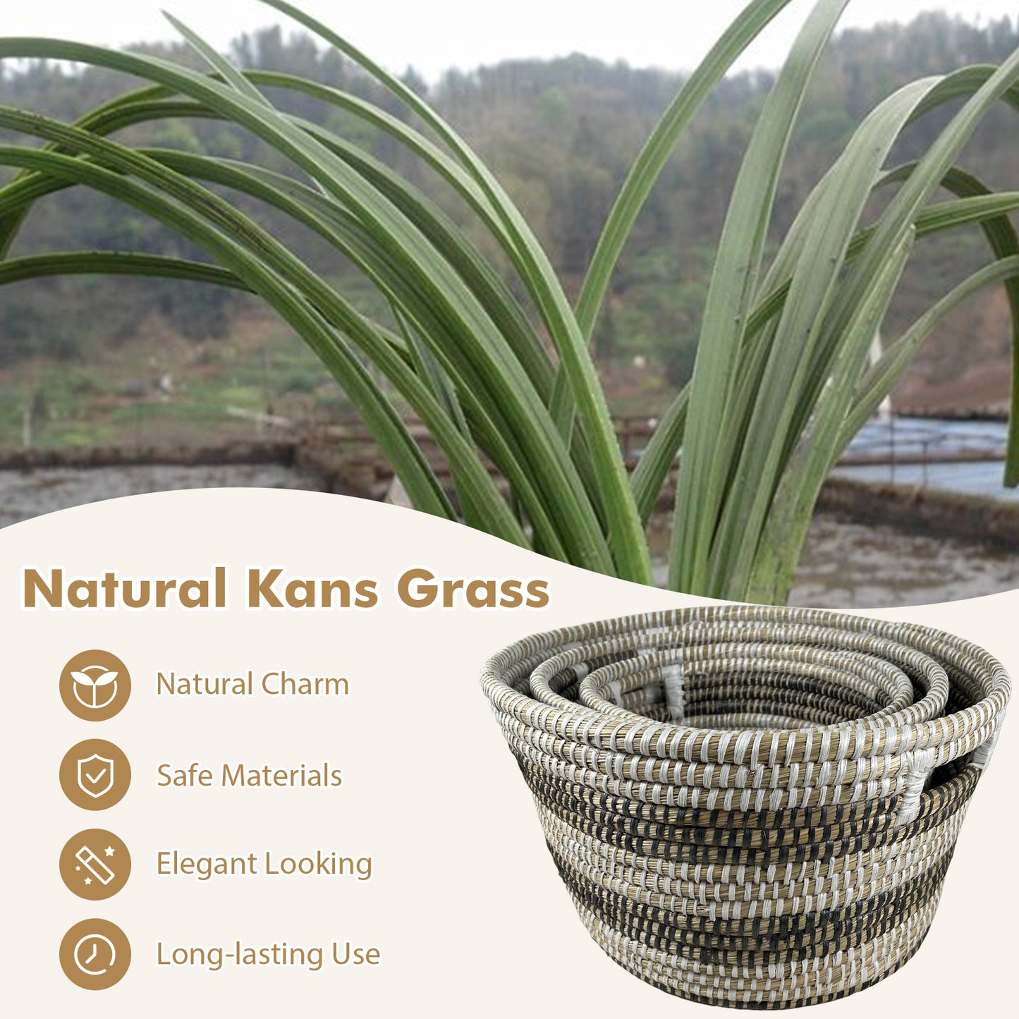 Natural Canes Grass Baskets Stackable Storage Bins Set of 3 with Hollowed Handles Laundry Baskets at Gallery Canada
