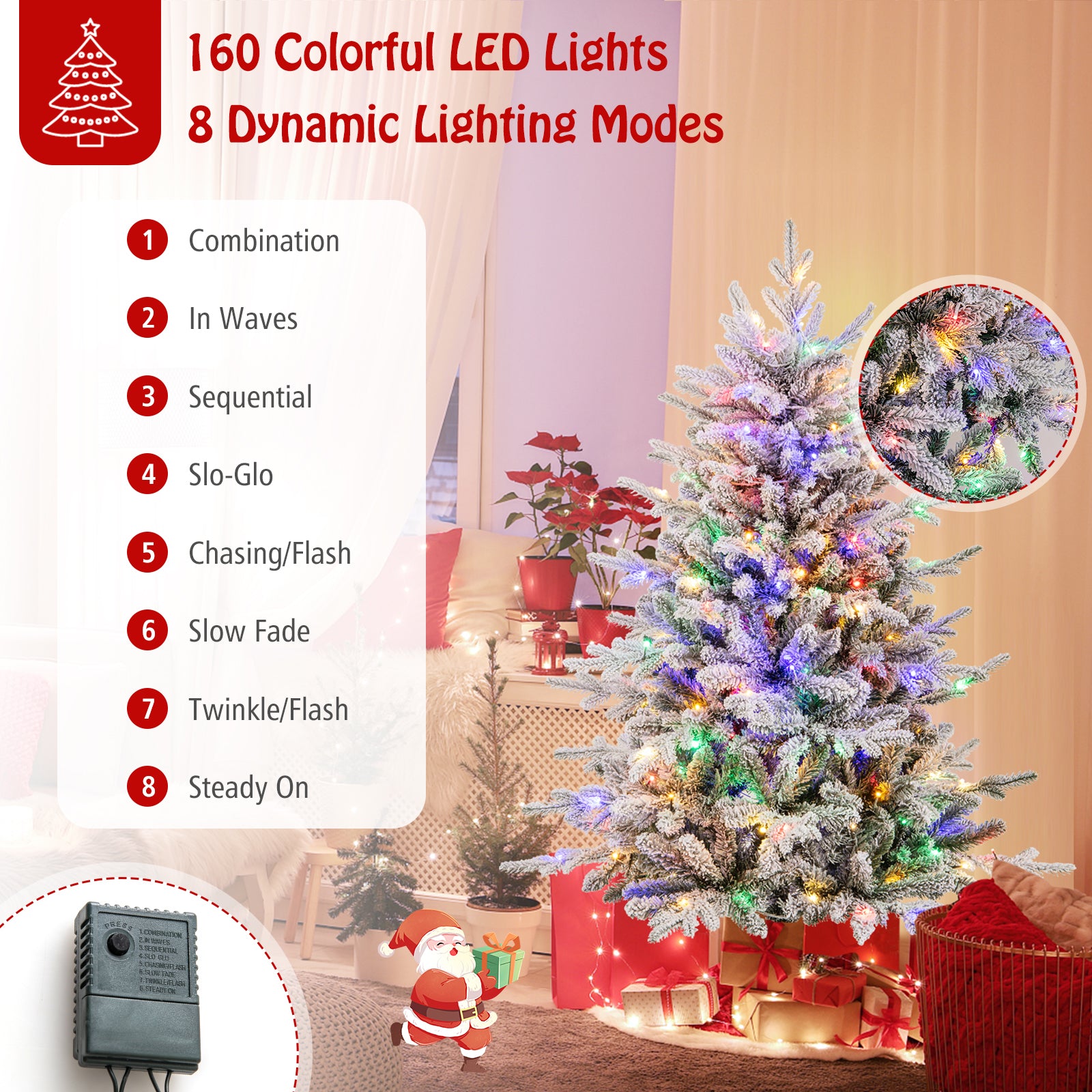 4.5 ft Flocked Christmas Tree, 8 Lighting Modes, Multi-Color LED Lights, Green Christmas Tree at Gallery Canada
