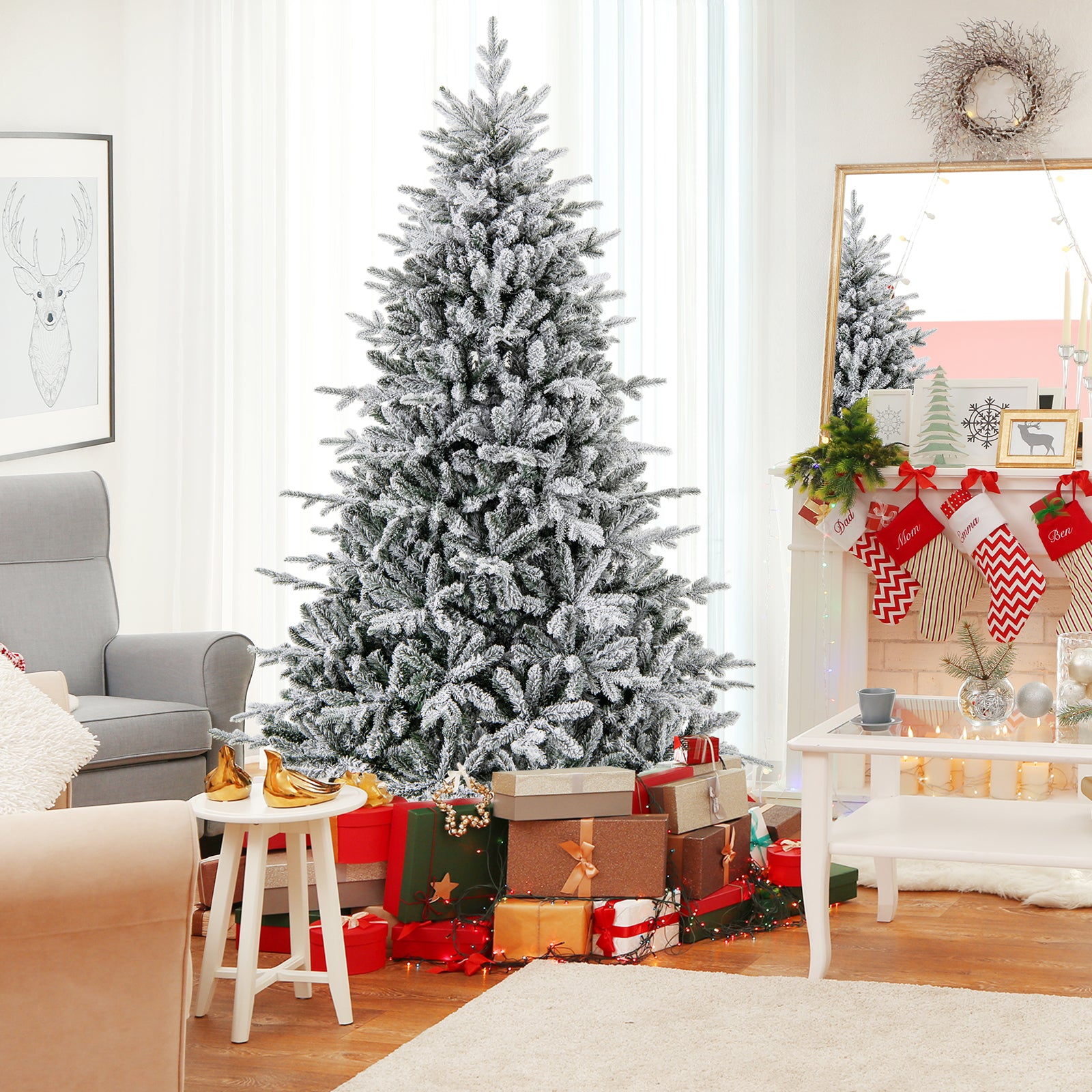 7 Feet Flocked Christmas Tree, 8 Lighting Modes, Multi-Color LED Lights, Green Christmas Tree at Gallery Canada