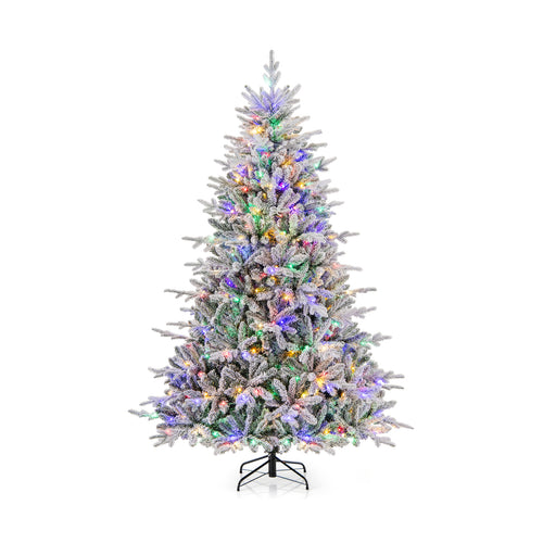 7 Feet Flocked Christmas Tree, 8 Lighting Modes, Multi-Color LED Lights, Green