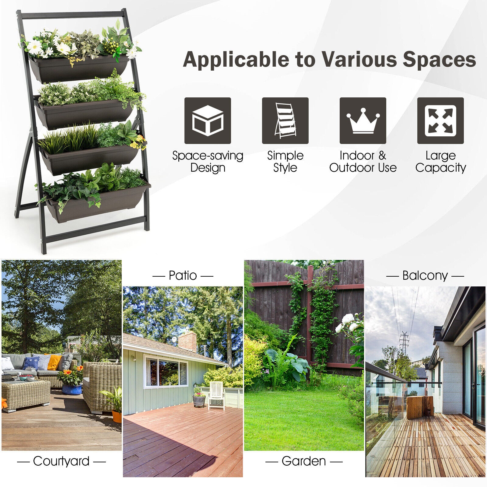 4-Tier Vertical Raised Garden Bed with 4 Containers and Drainage Holes-S, Black Raised Garden Beds at Gallery Canada