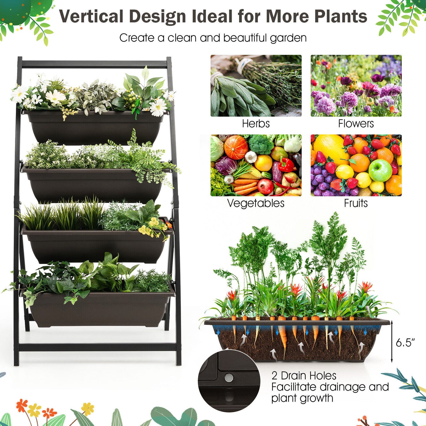 4-Tier Vertical Raised Garden Bed with 4 Containers and Drainage Holes-S, Black Raised Garden Beds at Gallery Canada