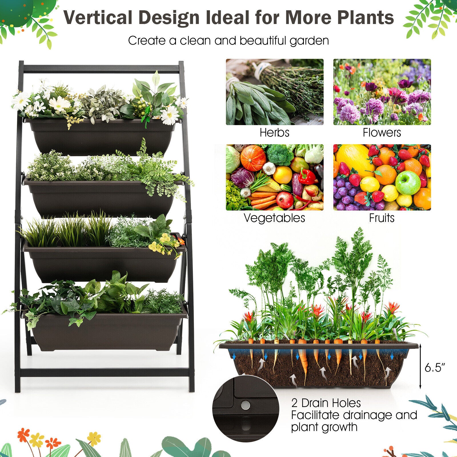 4-Tier Vertical Raised Garden Bed with 4 Containers and Drainage Holes-S, Black Raised Garden Beds at Gallery Canada