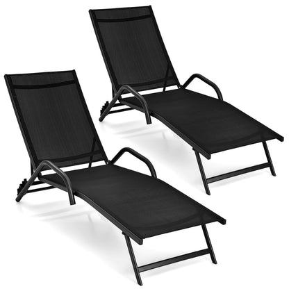 2 Pieces Outdoor Chaise Lounge with 5-Position Adjustable Backrest, Black Outdoor Chaise Lounges Black at Gallery Canada