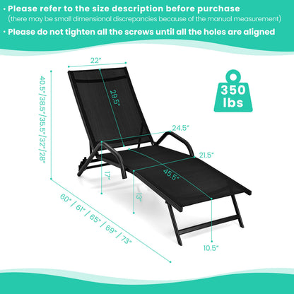 2 Pieces Outdoor Chaise Lounge with 5-Position Adjustable Backrest, Black Outdoor Chaise Lounges at Gallery Canada