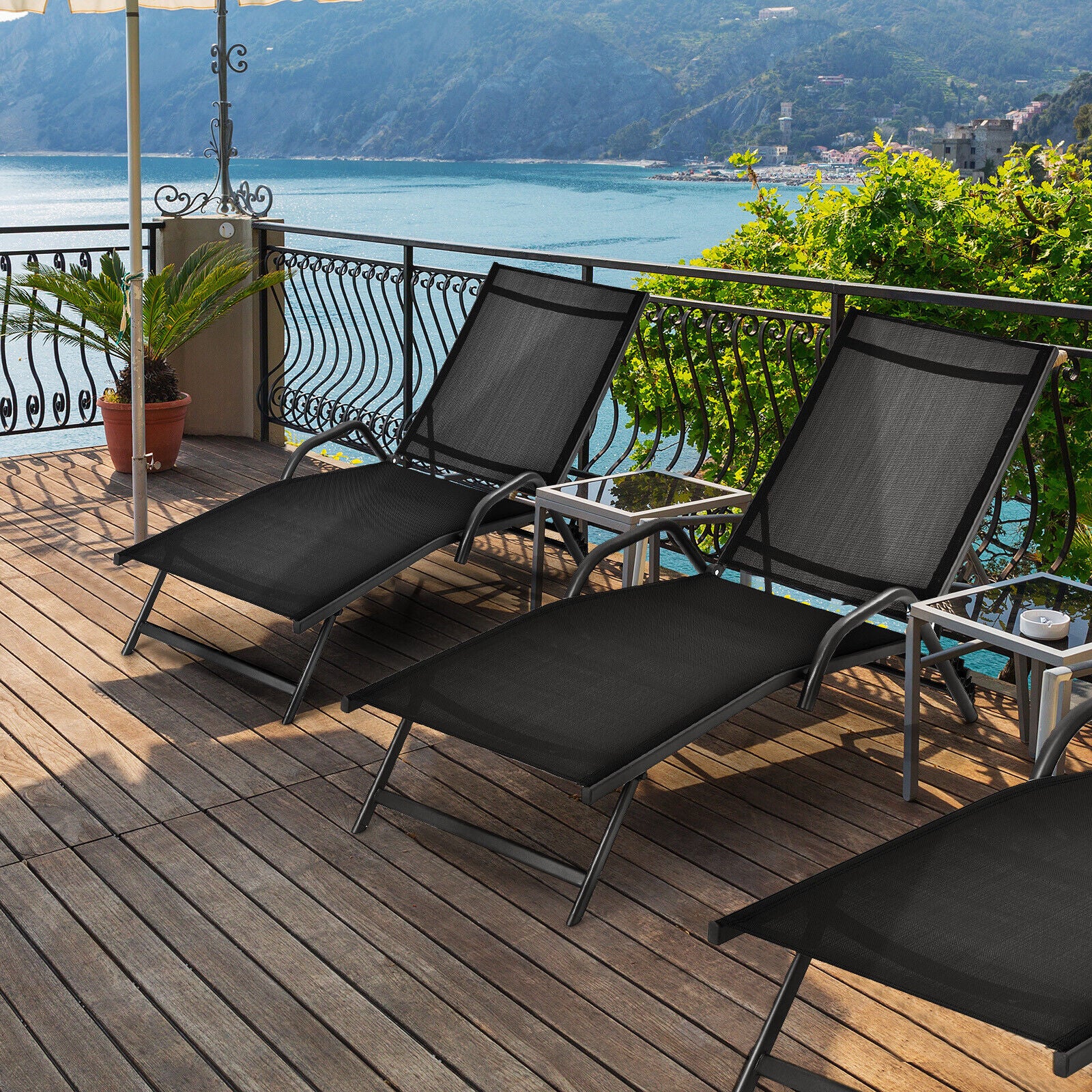 2 Pieces Outdoor Chaise Lounge with 5-Position Adjustable Backrest, Black Outdoor Chaise Lounges at Gallery Canada