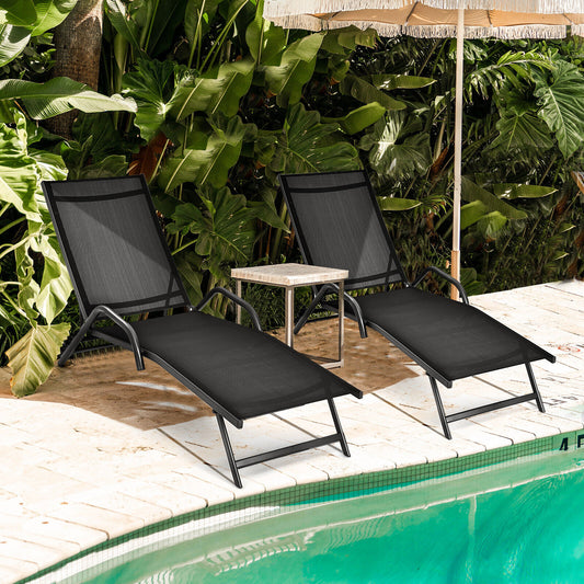 2 Pieces Outdoor Chaise Lounge with 5-Position Adjustable Backrest, Black Outdoor Chaise Lounges Black at Gallery Canada